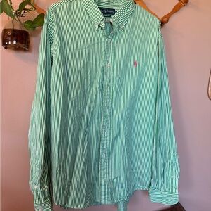 Ralph Lauren Men's Green and White Striped Shirt